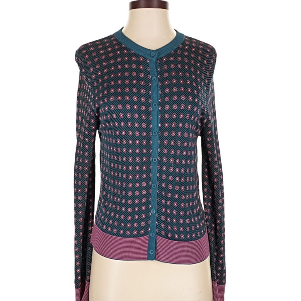 Zara Teal and Pink Patterned Cardigan Sweater